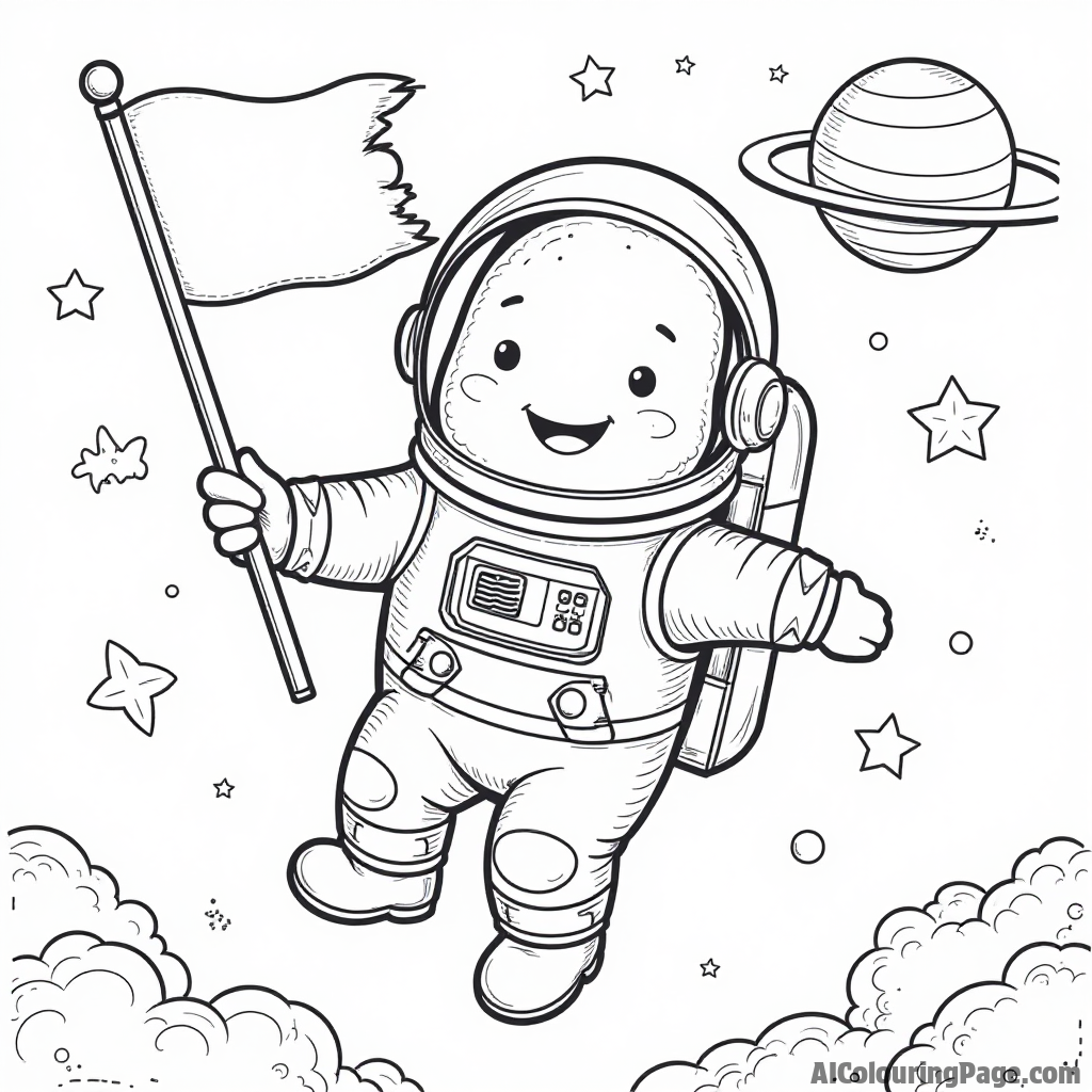 A smiling potato astronaut floating in space holding a flag made of lettuce with stars and planets around.