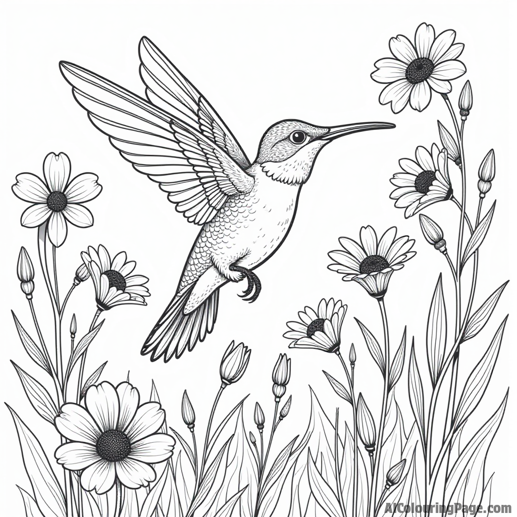 A hummingbird surrounded by various blooming flowers in a dreamy garden with a gentle breeze.