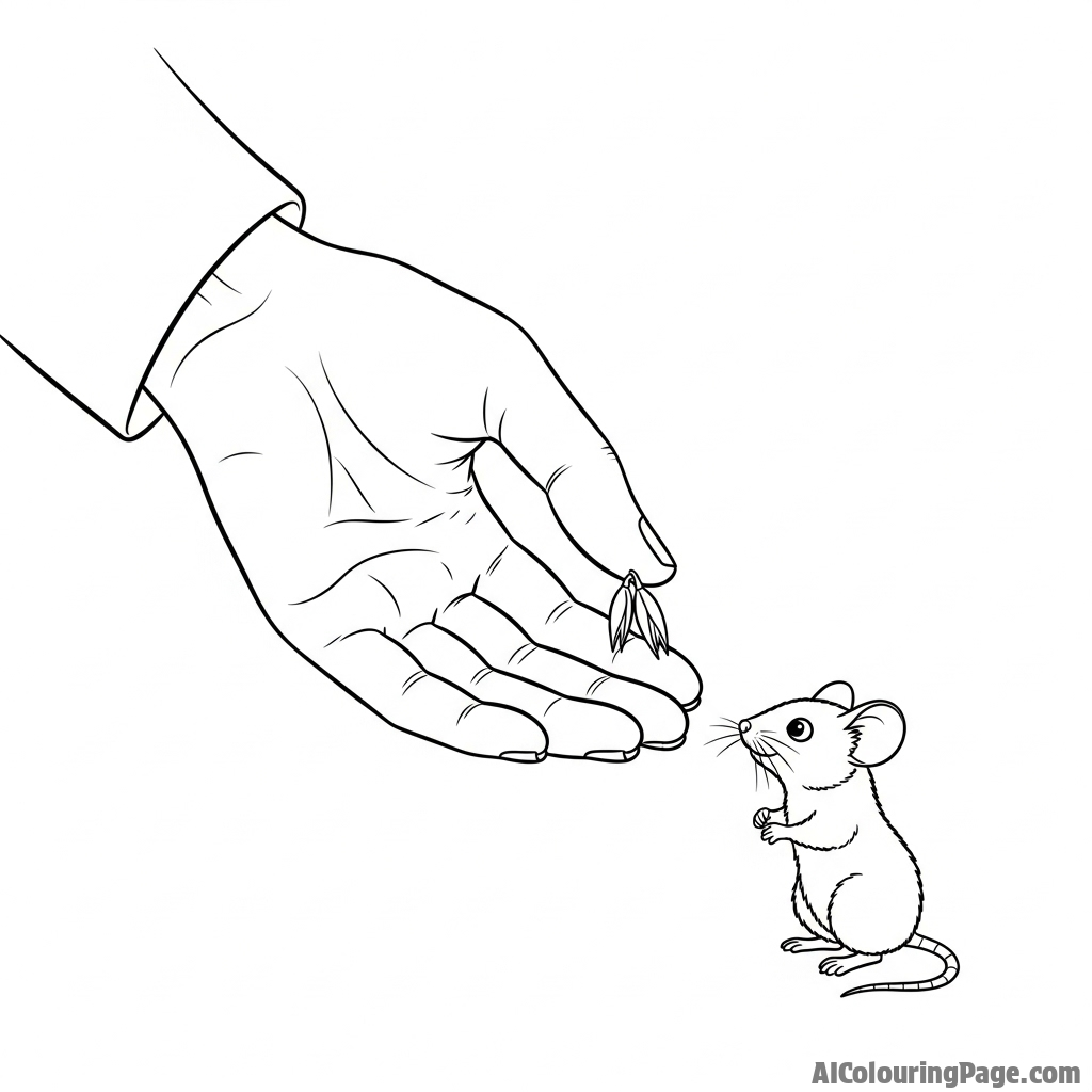 A large human hand gently offering a single oat to a timid mouse.