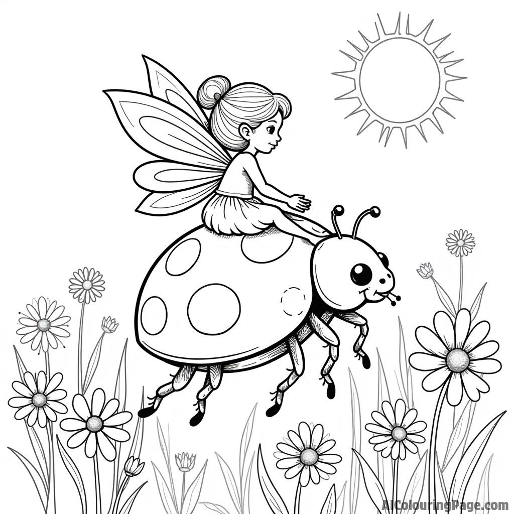 A fairy riding a giant ladybug across a field of daisies under a bright sun