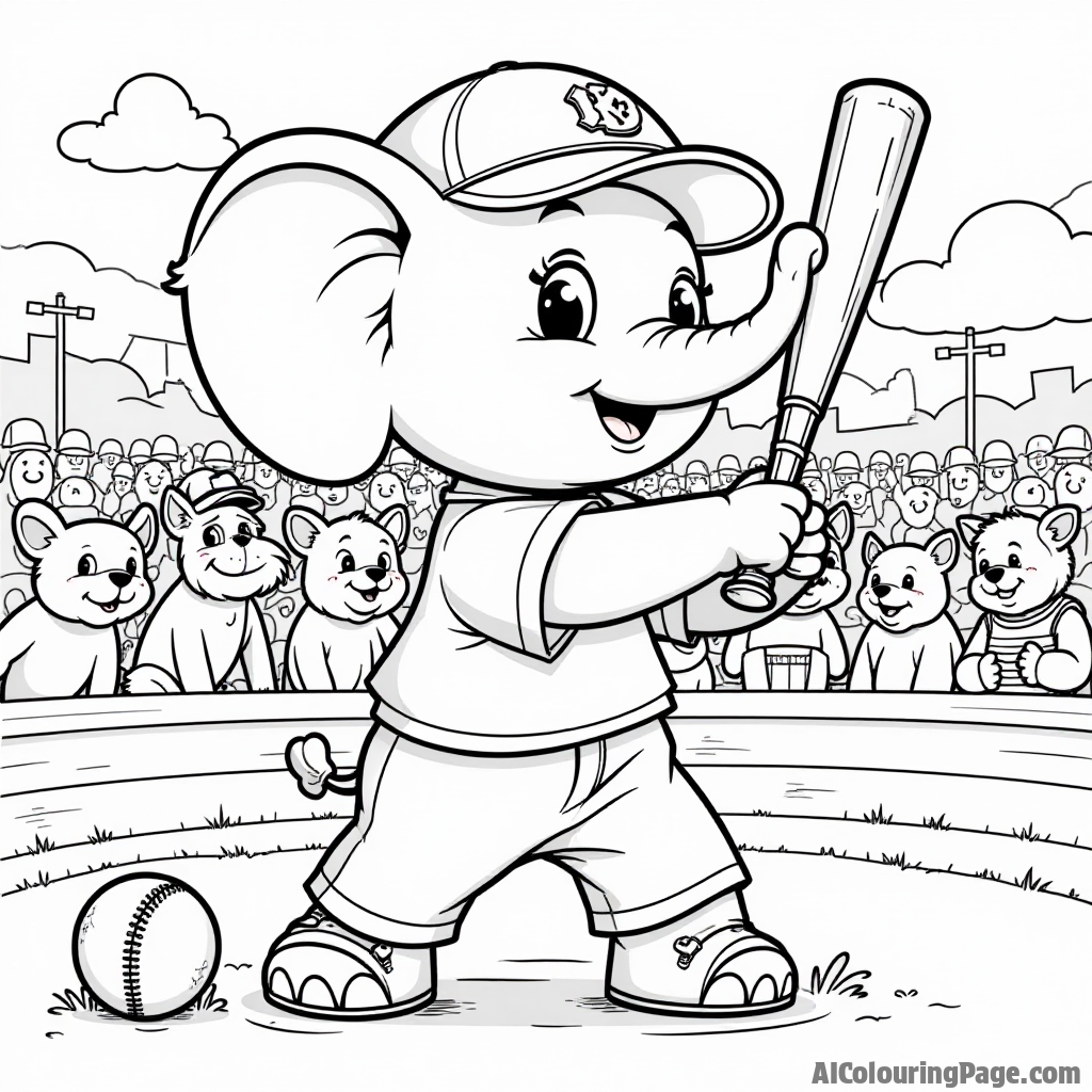 A cute elephant dressed as a baseball player, swinging a bat, a whimsical baseball, and a cheering crowd of animals, perfect for a fun coloring page for kids.