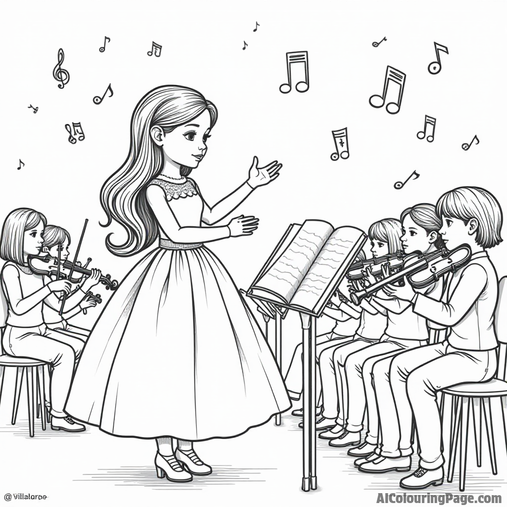 A doll conducting an orchestra with musical notes floating around, while instruments like violins and trumpets are in view.