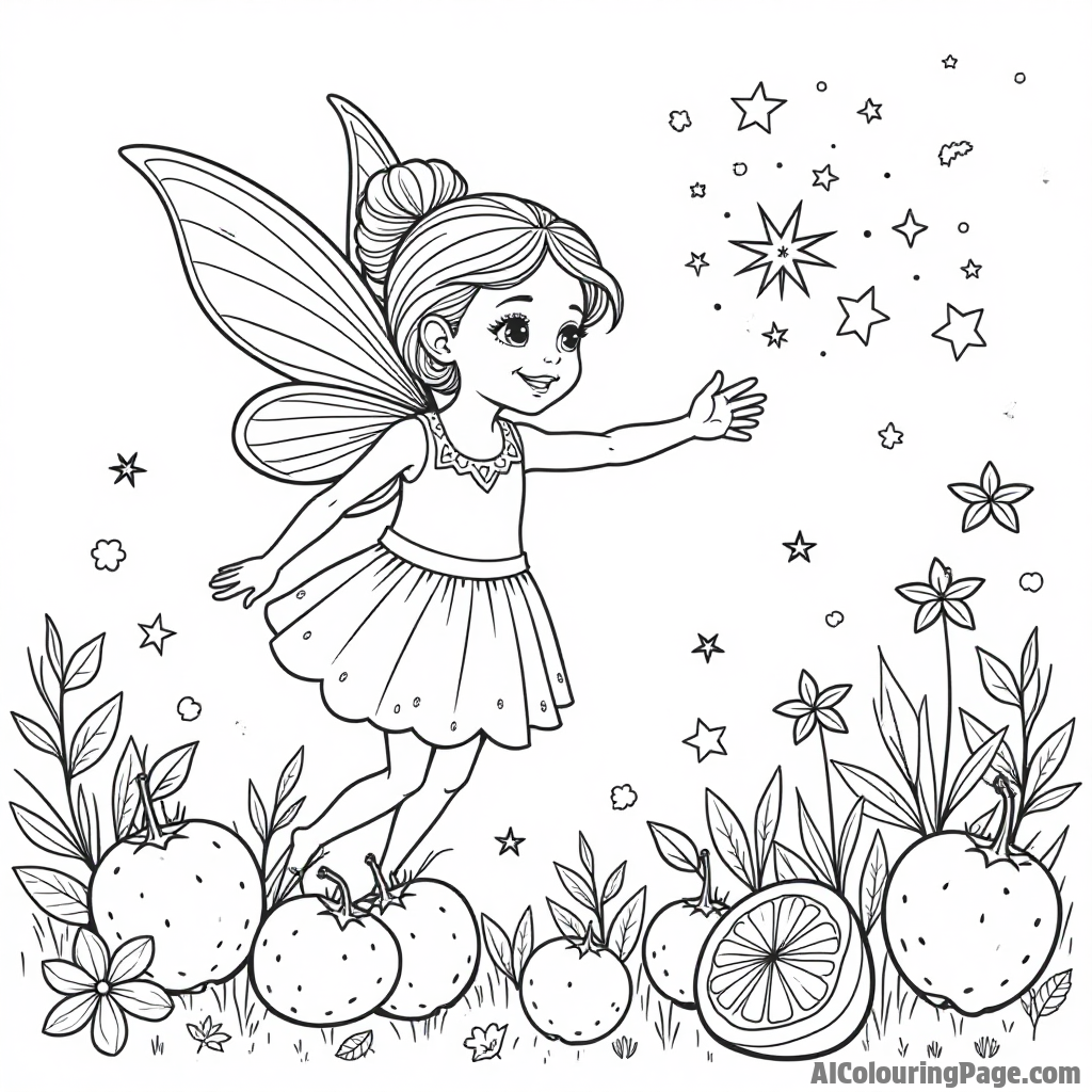 A whimsical fruit fairy sprinkling magic over a garden full of fruits, with sparkling stars and flowers around.