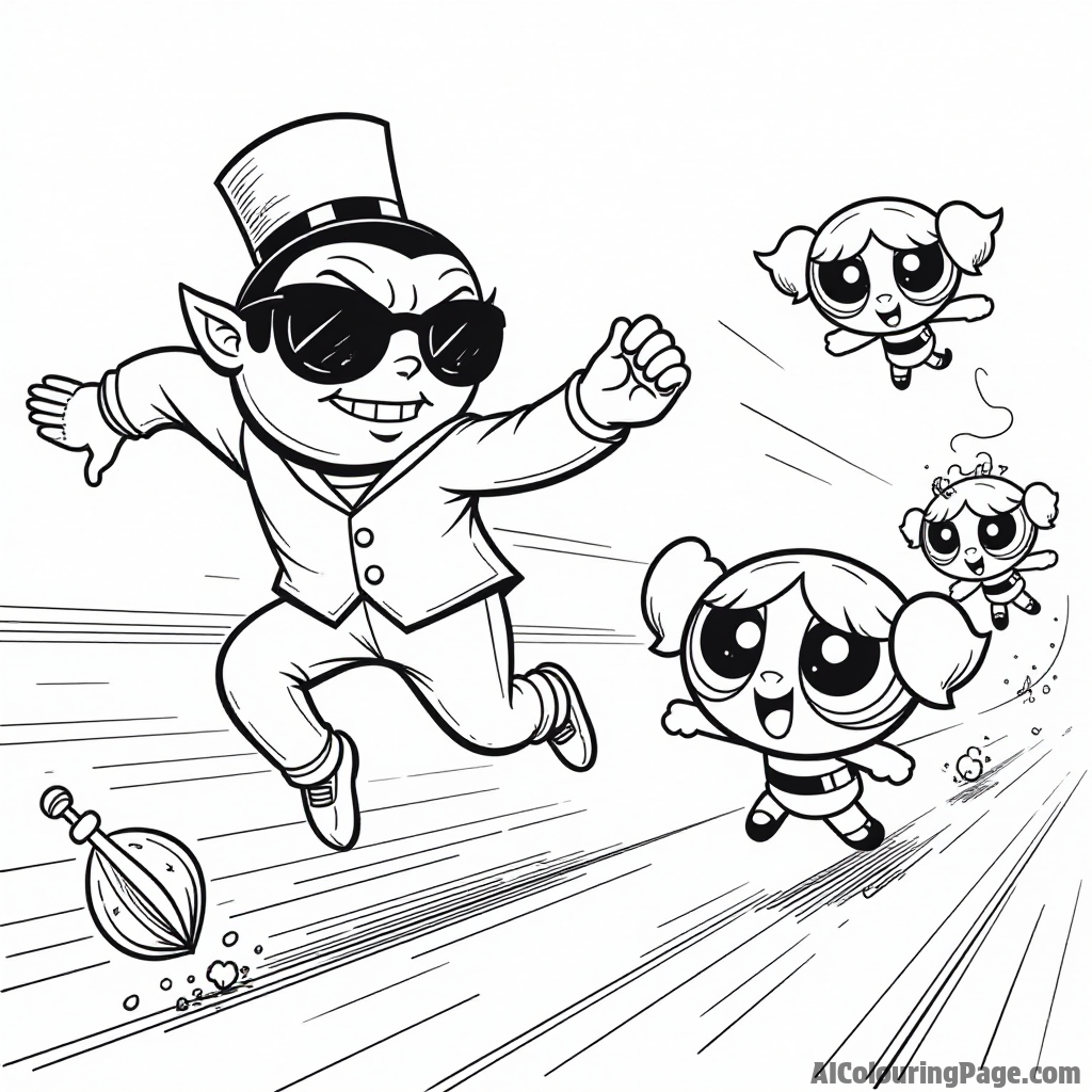 Mojo Jojo chasing after the Powerpuff Girls, who are cleverly dodging his traps, in a dynamic, action-filled scene