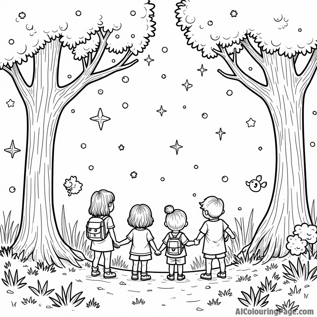 A group of children exploring a magical forest filled with sparkling lights and whimsical creatures hiding among the trees