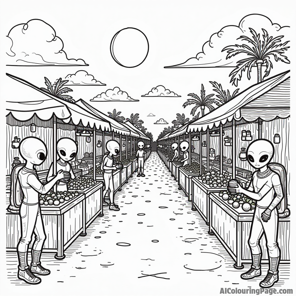 A colorful alien marketplace bustling with different species, featuring stalls selling fruits, gadgets, and toys under a sunny sky.