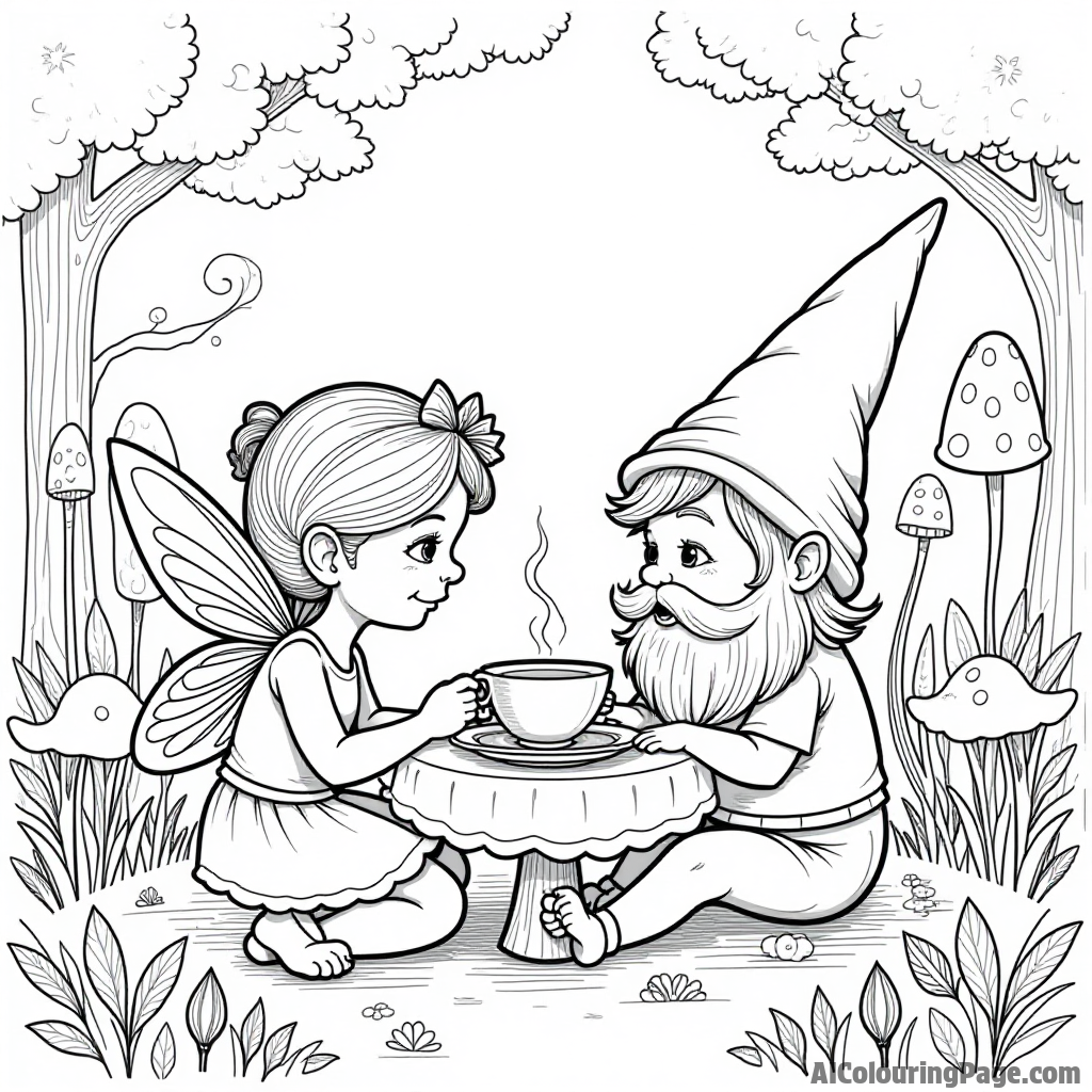 A fairy and a gnome having a tea party in a whimsical garden filled with oversized flowers and mushrooms