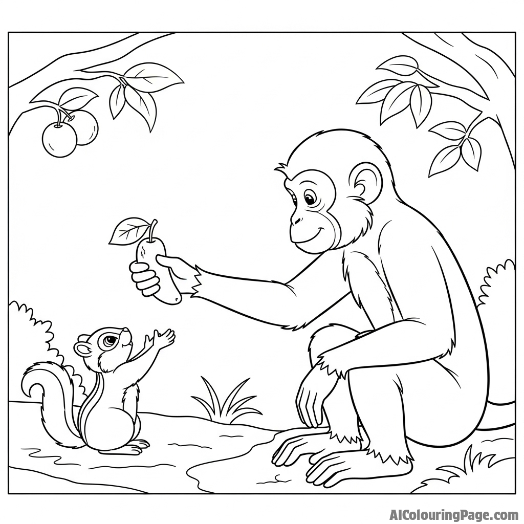 A monkey gently sharing a piece of fruit with a small forest creature.