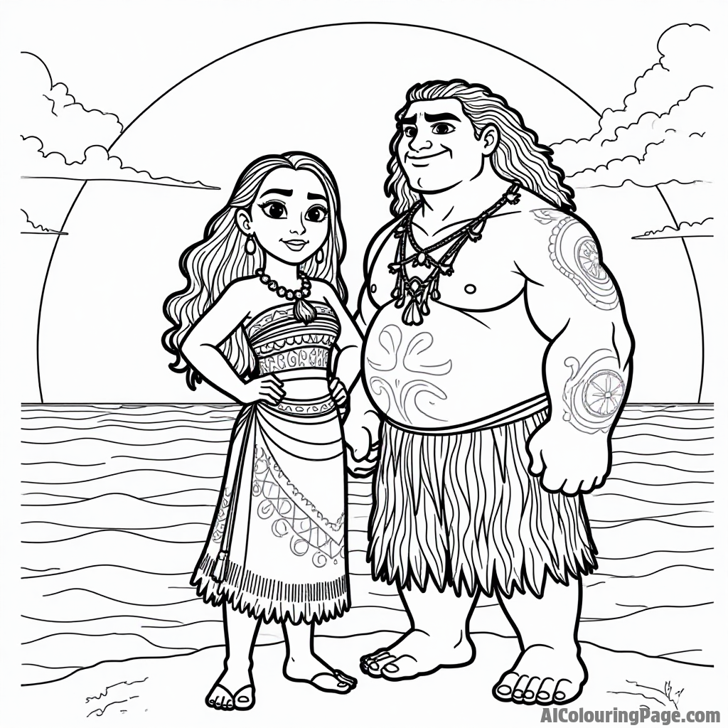 Moana and Maui standing together, looking determined against a backdrop of a vibrant sunset over the ocean.