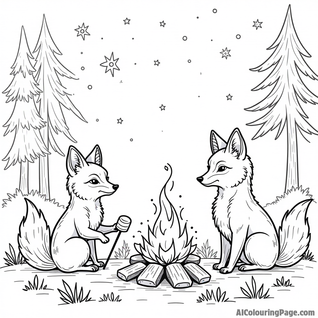 A family of foxes sitting around a campfire roasting marshmallows, with trees and stars twinkling overhead in the night