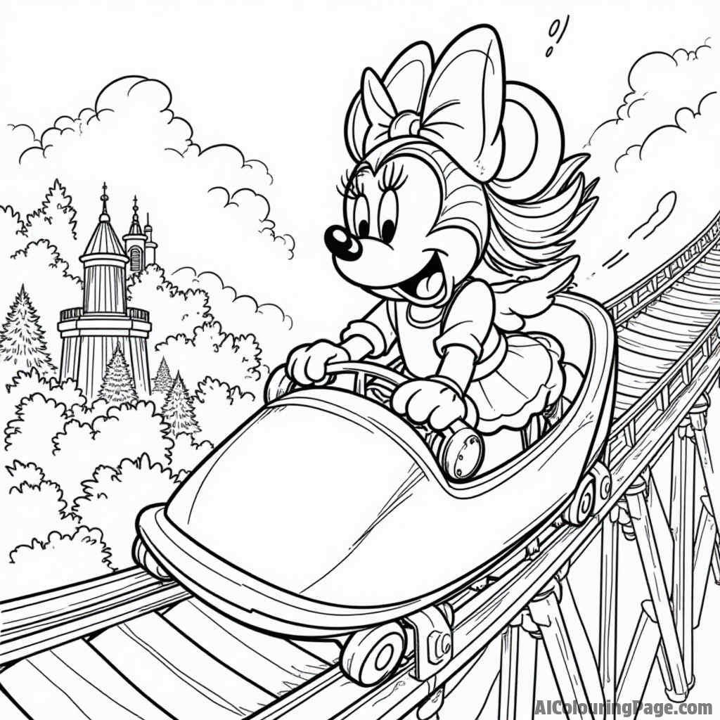 Minnie Mouse enjoying a day at the amusement park, riding a roller coaster, with her hair flying and friends cheering