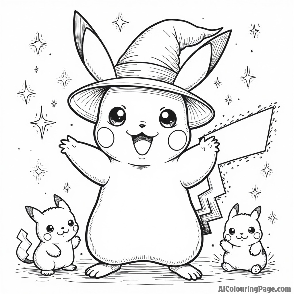 Pikachu wearing a wizard hat casting spells with sparkles and magical creatures nearby