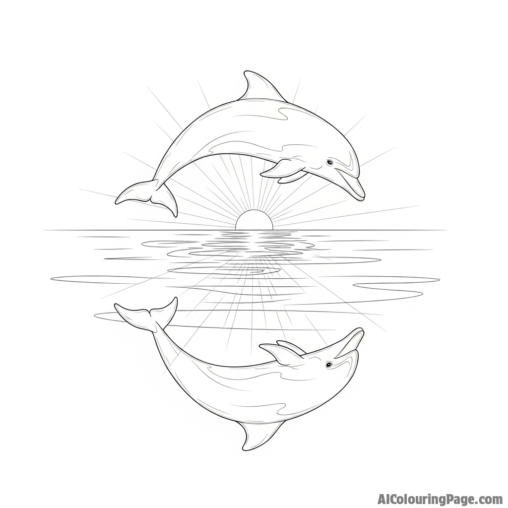 The perfect reflection of a dolphin on the glassy, still surface of the water at dawn.