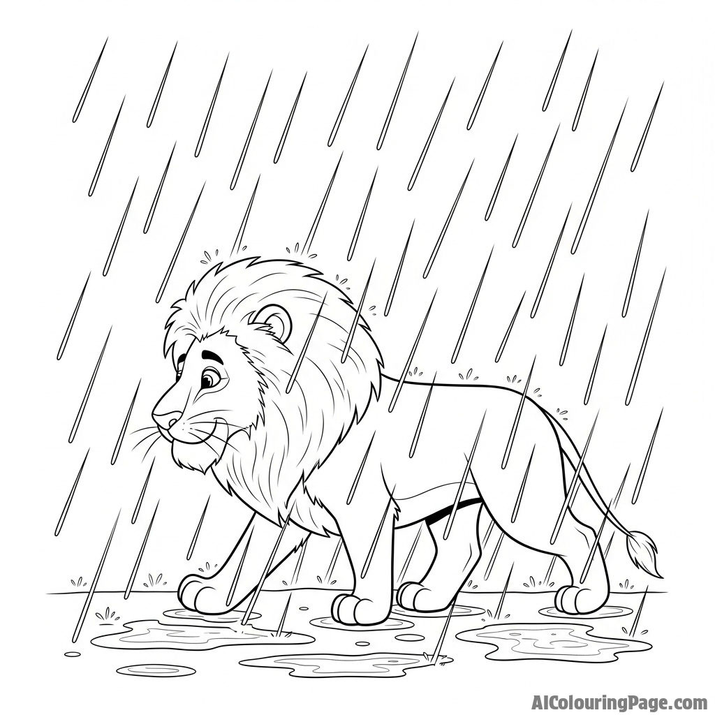A lone lion walking through a heavy, atmospheric downpour.