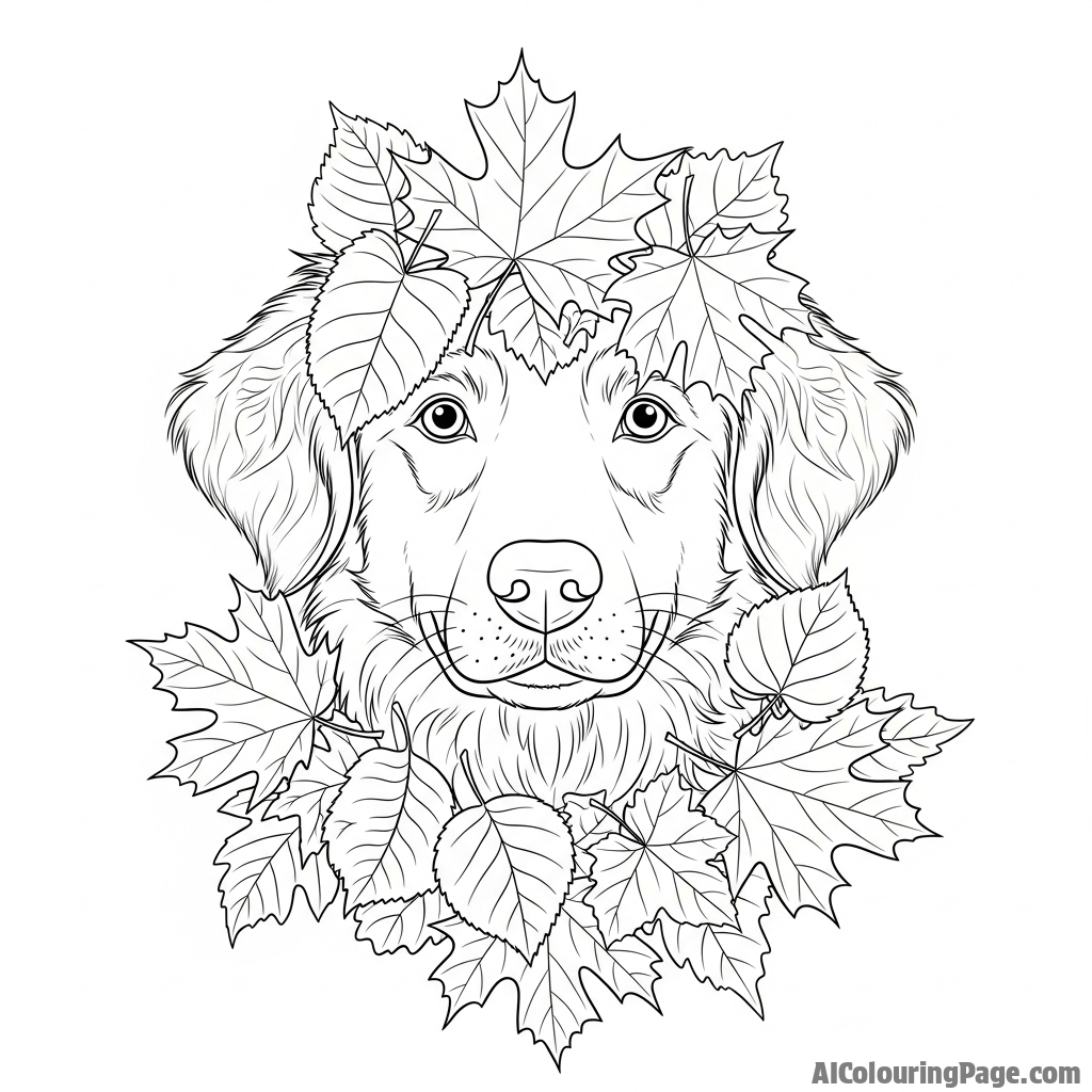 A dog's face emerging from a pile of autumn leaves.