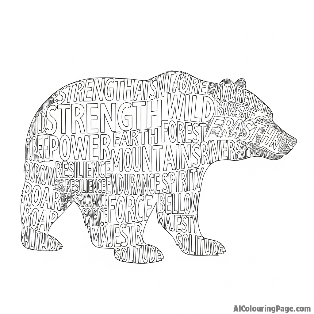A bear’s profile created using typography and words related to strength and nature.