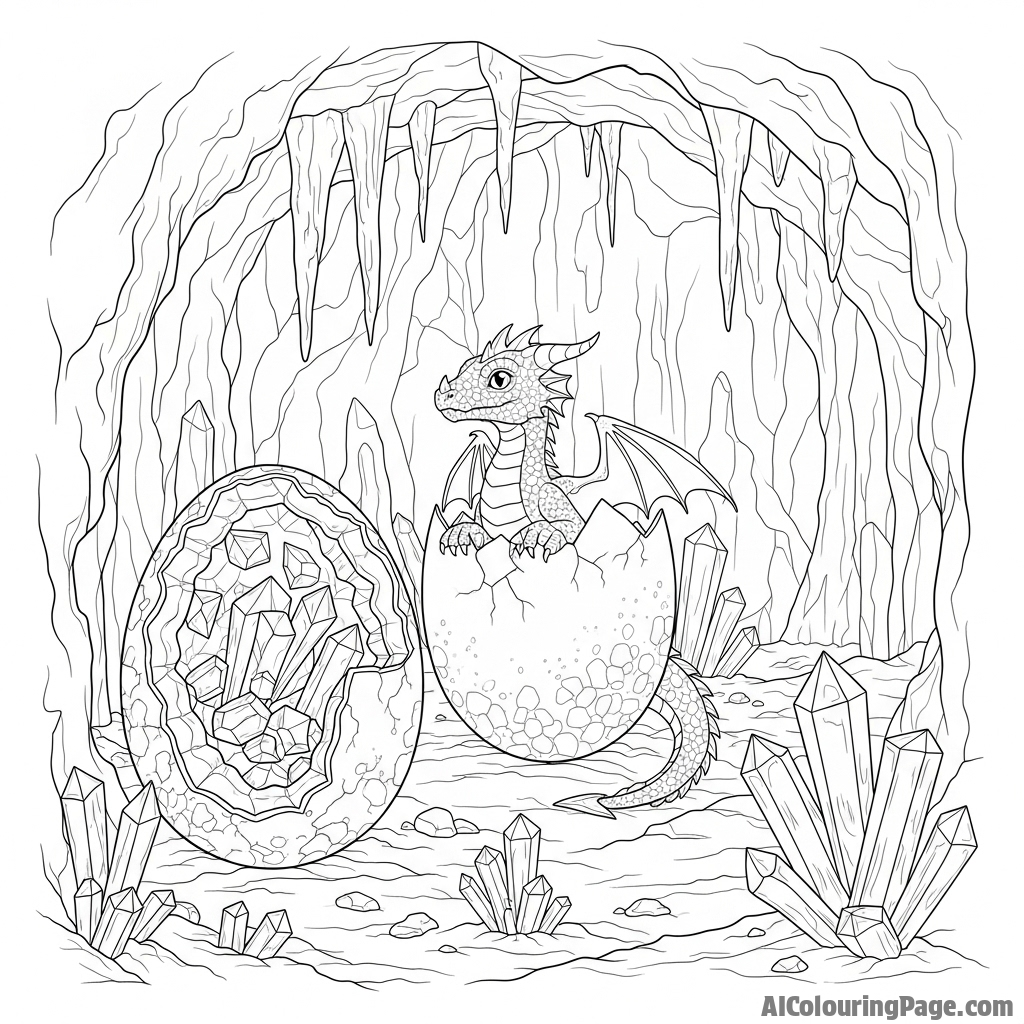 A young dragon hatching from a geode-like egg in a crystalline cavern.