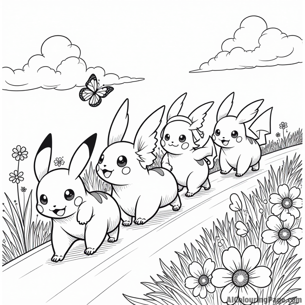 A group of energetic Pokémon racing each other down a hill with bright flowers and butterflies fluttering around.