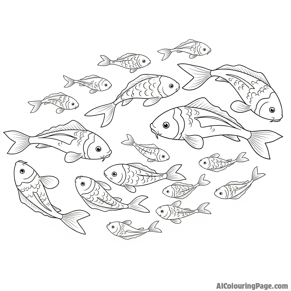 A family of koi of various sizes swimming in a synchronized, flowing formation.