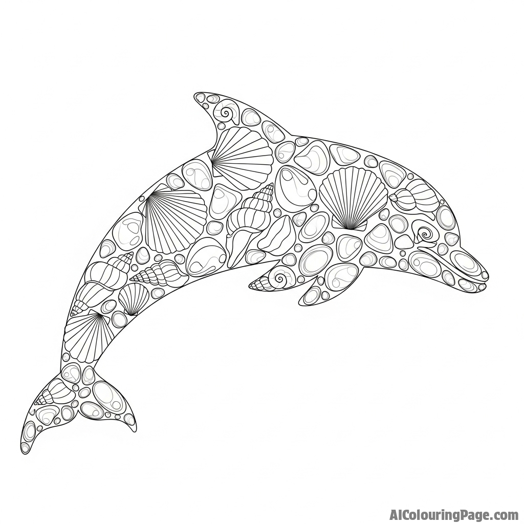 A dolphin created from a collage of seashells, sea glass, and ocean-worn pebbles.