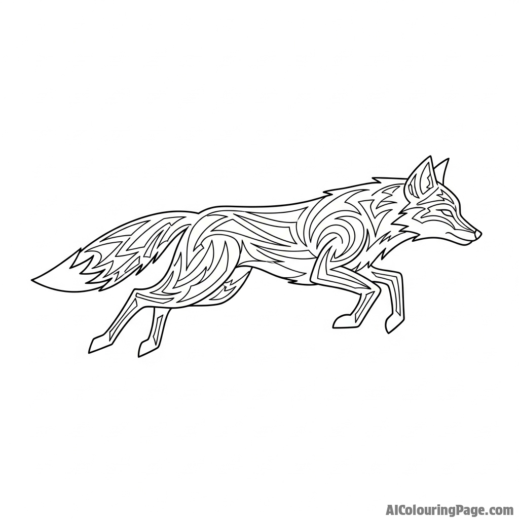 A tribal tattoo design of a stylized, running fox with sharp angles.