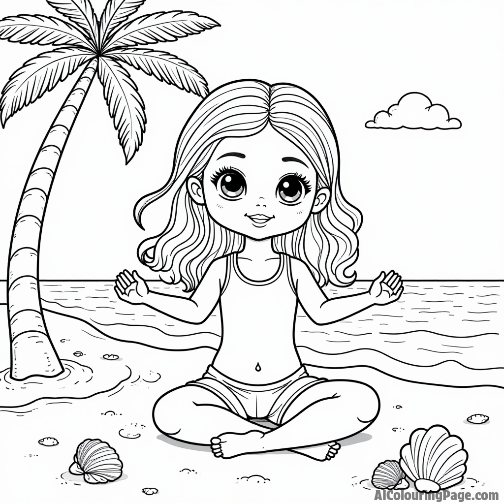 A doll practicing yoga on a beach, surrounded by palm trees, seashells, and waves gently lapping at the shore.