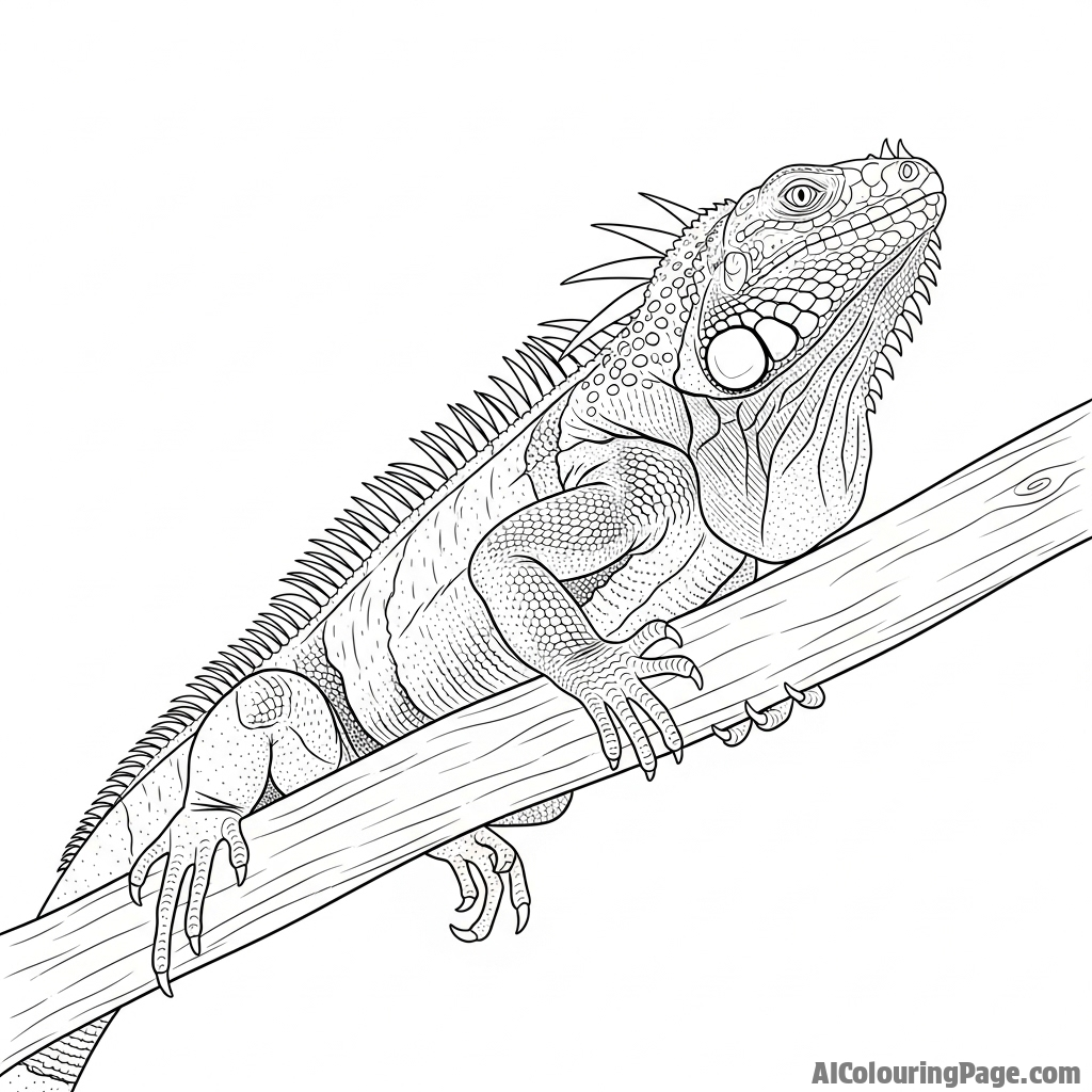 A low-angle shot of a large iguana on a branch, appearing monumental against the sky.