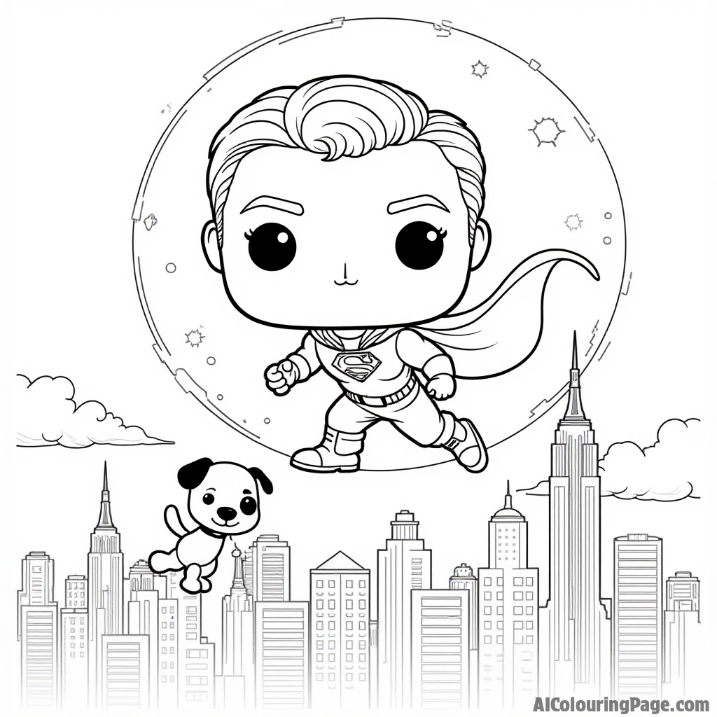 A Funko Pop figure of a superhero flying above a city skyline, with a playful dog beside it, all set against a large moon backdrop for an exciting coloring page adventure.