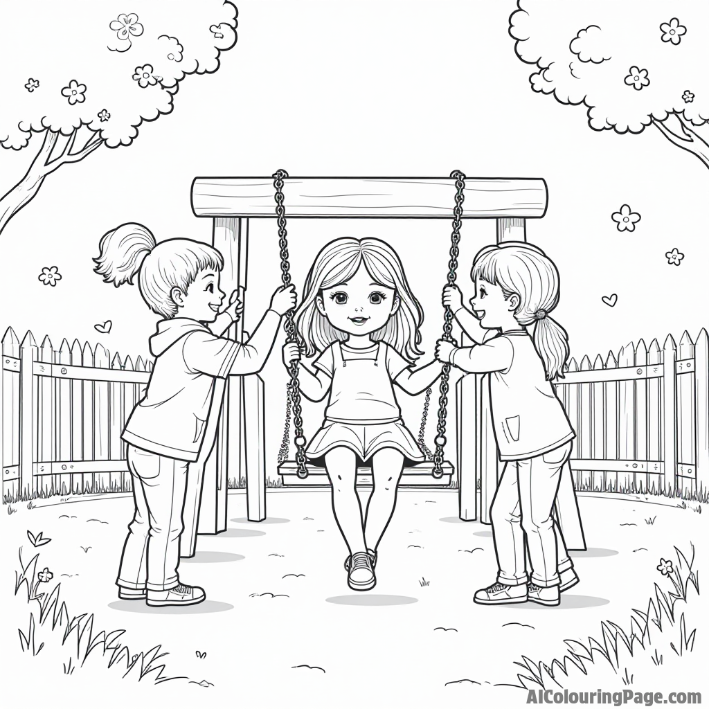 A doll on a swing in a playground, with friends pushing her and colorful playground equipment surrounding them all.