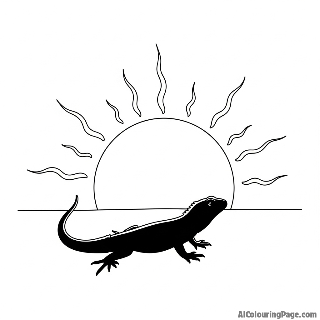 A silhouette of a lizard against a bright, setting sun.