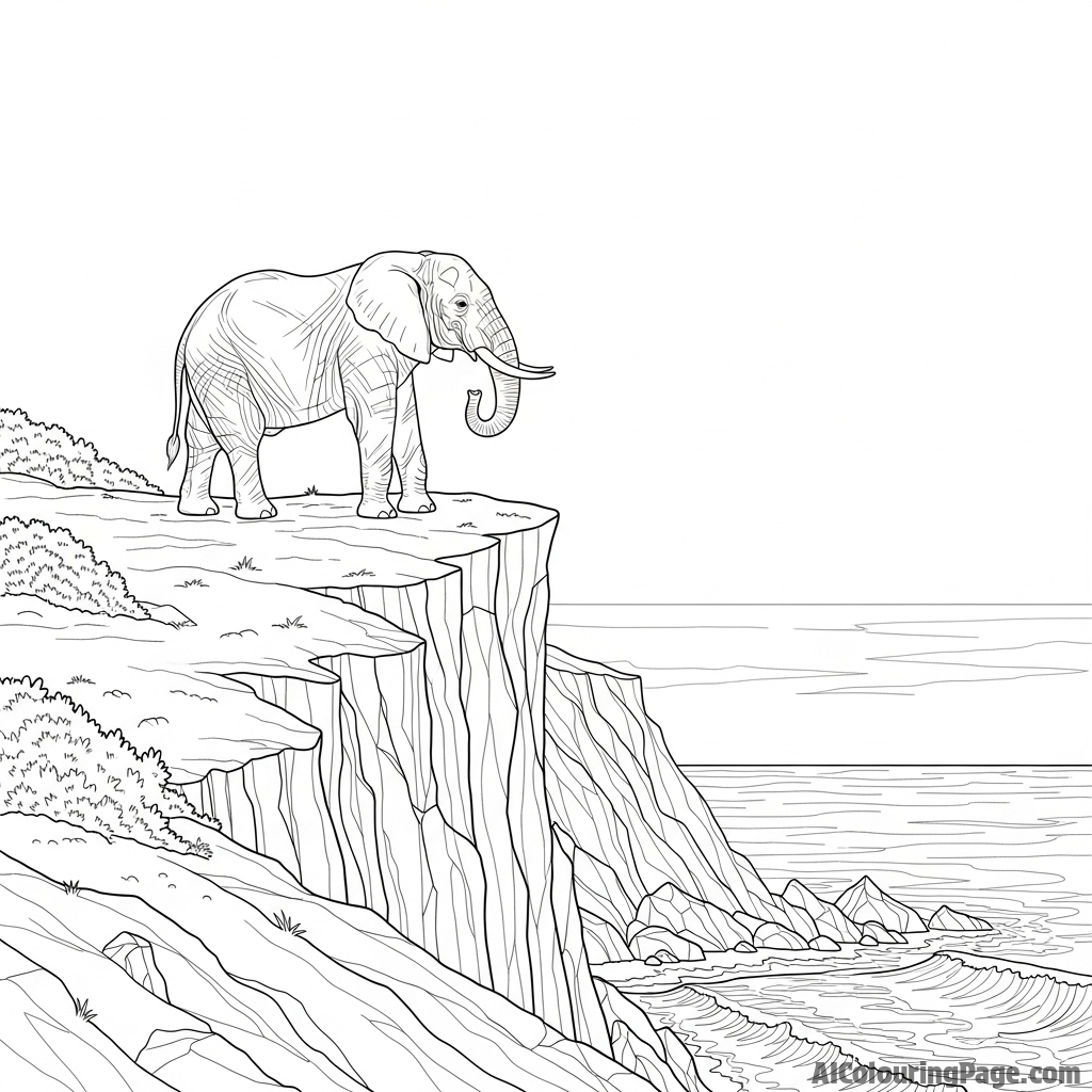 A lone elephant standing on a windswept cliff overlooking the sea.