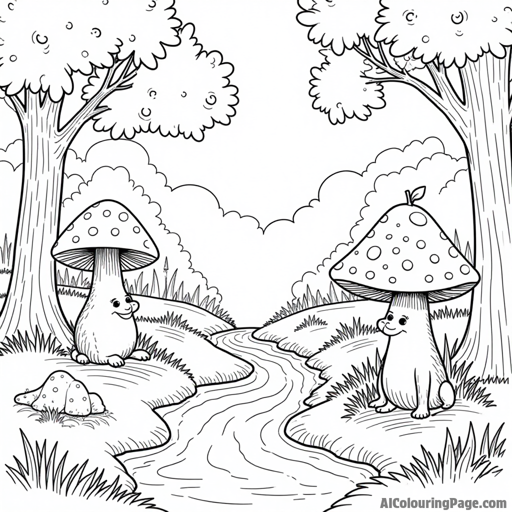 A magical forest with pear-shaped mushrooms, friendly animals, and a sparkling stream, creating an enchanting scene for coloring.