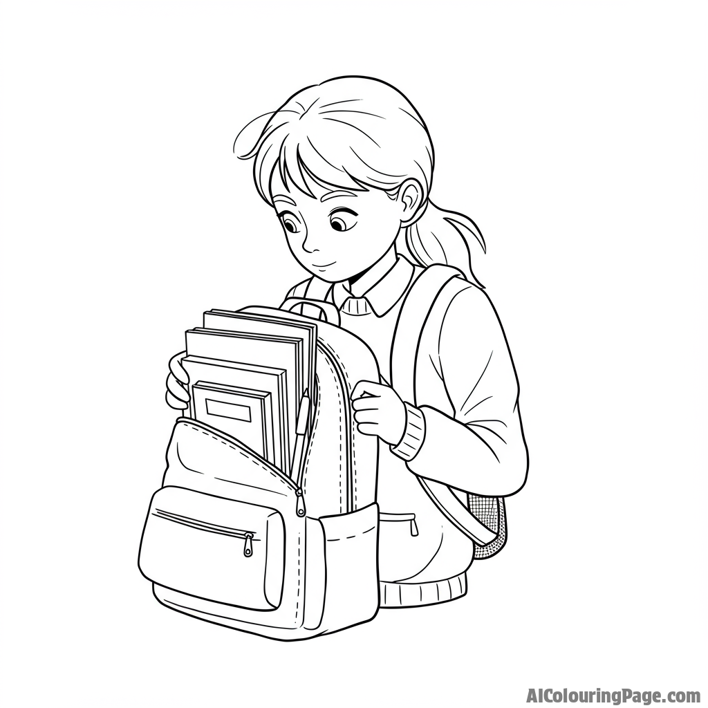 A student meticulously organizing their backpack with books and supplies.