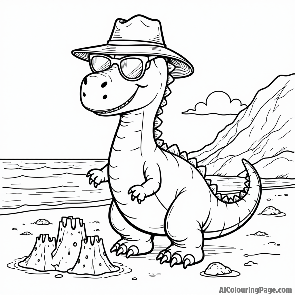 A cute dinosaur wearing a hat and sunglasses while enjoying a day at the prehistoric beach building sandcastles.