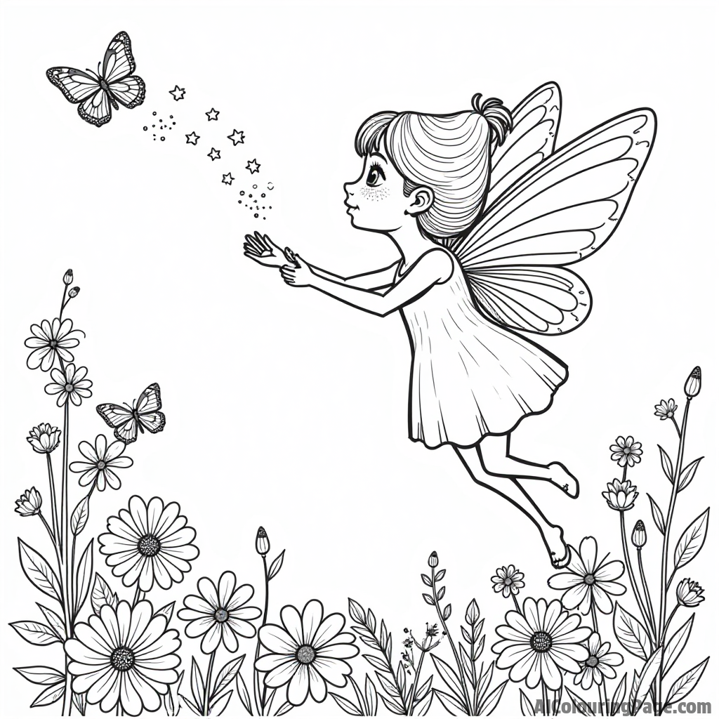 A pear fairy sprinkling magic dust over a garden filled with flowers and butterflies, inspiring creativity for coloring.