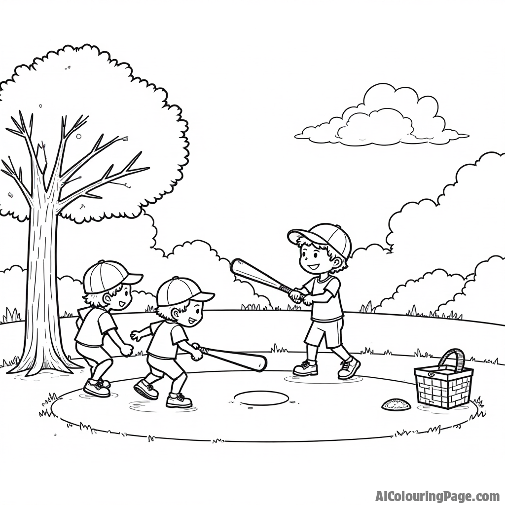 A group of children playing baseball in a park, a tree providing shade, and a picnic basket nearby, designed for kids to color their outdoor sports adventures.