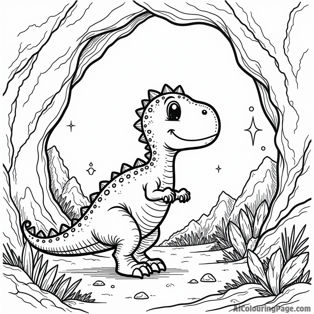 A brave little dinosaur exploring a mysterious cave filled with sparkling crystals and ancient cave paintings.