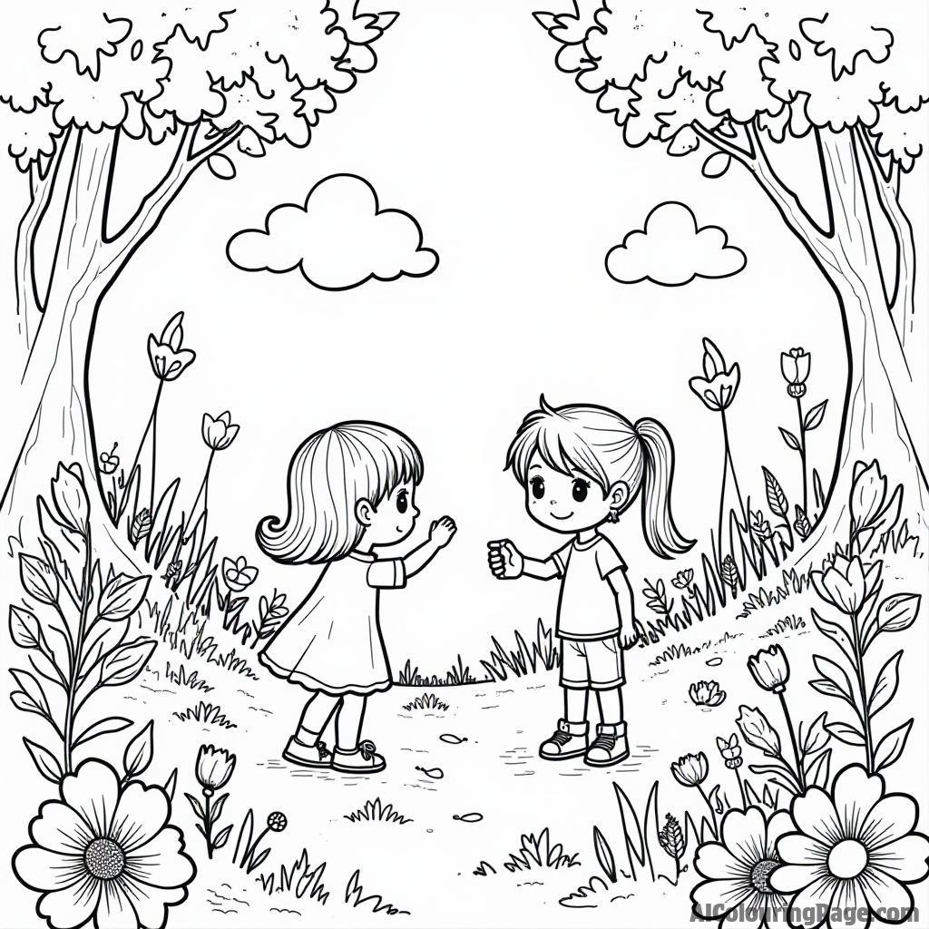 A cupcake treasure hunt with children searching for hidden cupcakes in a magical garden filled with vibrant flowers.