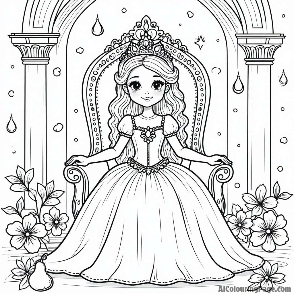 A pear princess sitting on a throne in a royal palace, surrounded by jewels and flowers, inviting children to color her world.