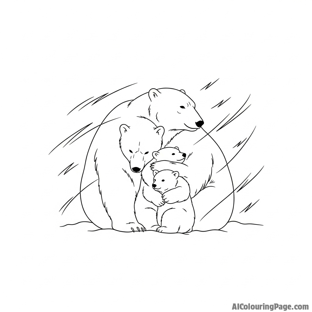 A family of polar bears huddled together for warmth during a fierce storm.