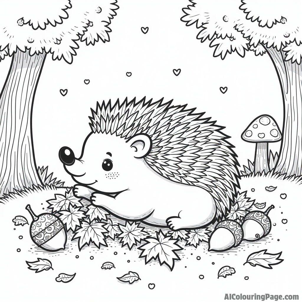 A cheerful hedgehog rolling in a pile of leaves, with acorns and mushrooms scattered around in a quaint forest.