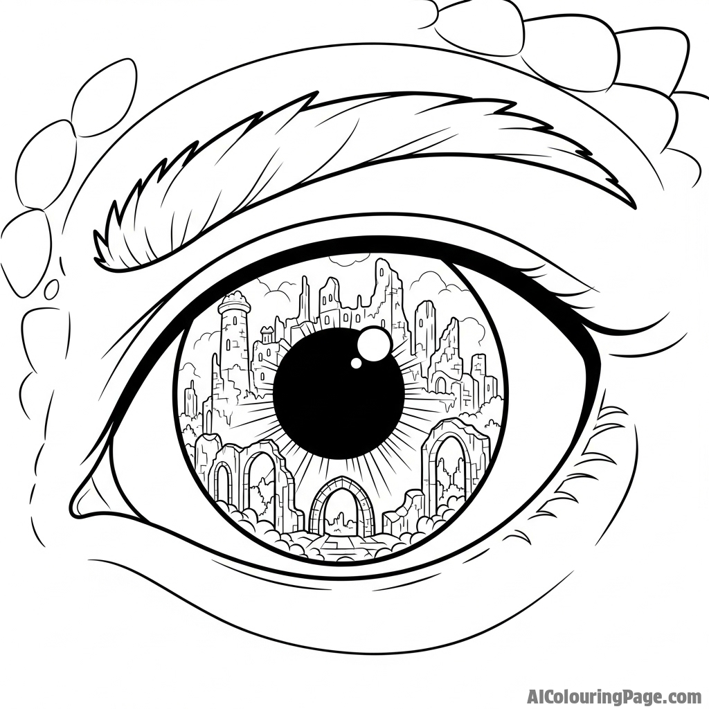 Close-up shot of a dragon's eye, reflecting an ancient, forgotten city.