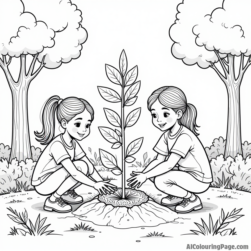 The girls planting trees in a community park, surrounded by kids and animals, promoting environmental awareness and teamwork