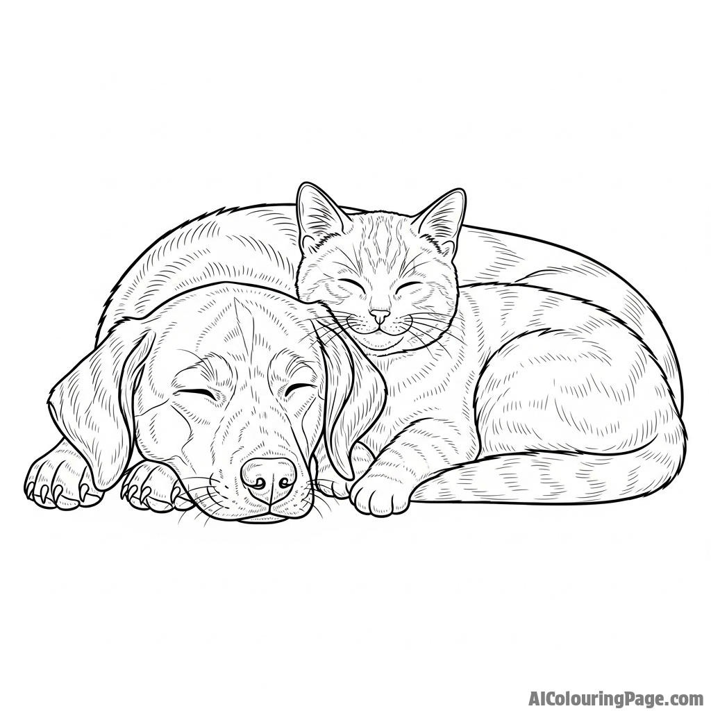 A dog and a cat sleeping peacefully, curled up together.