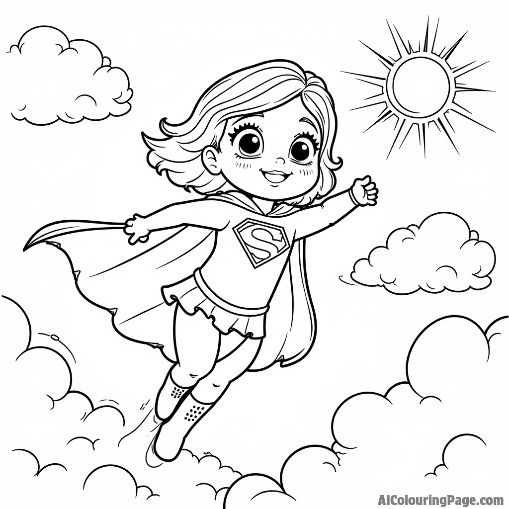 A superhero doll flying through the sky, wearing a cape, with fluffy clouds and a shining sun in the background.