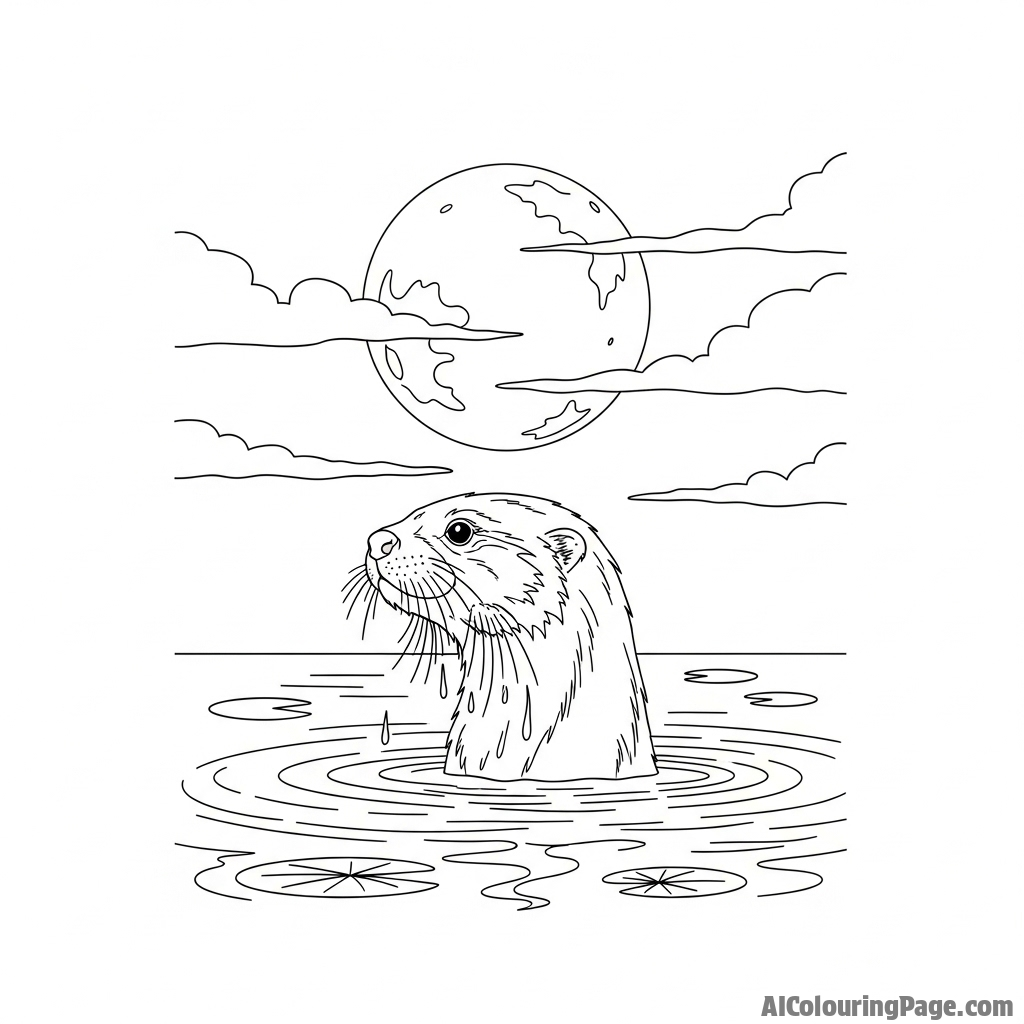 A shadowy otter emerging from dark water under a full moon.