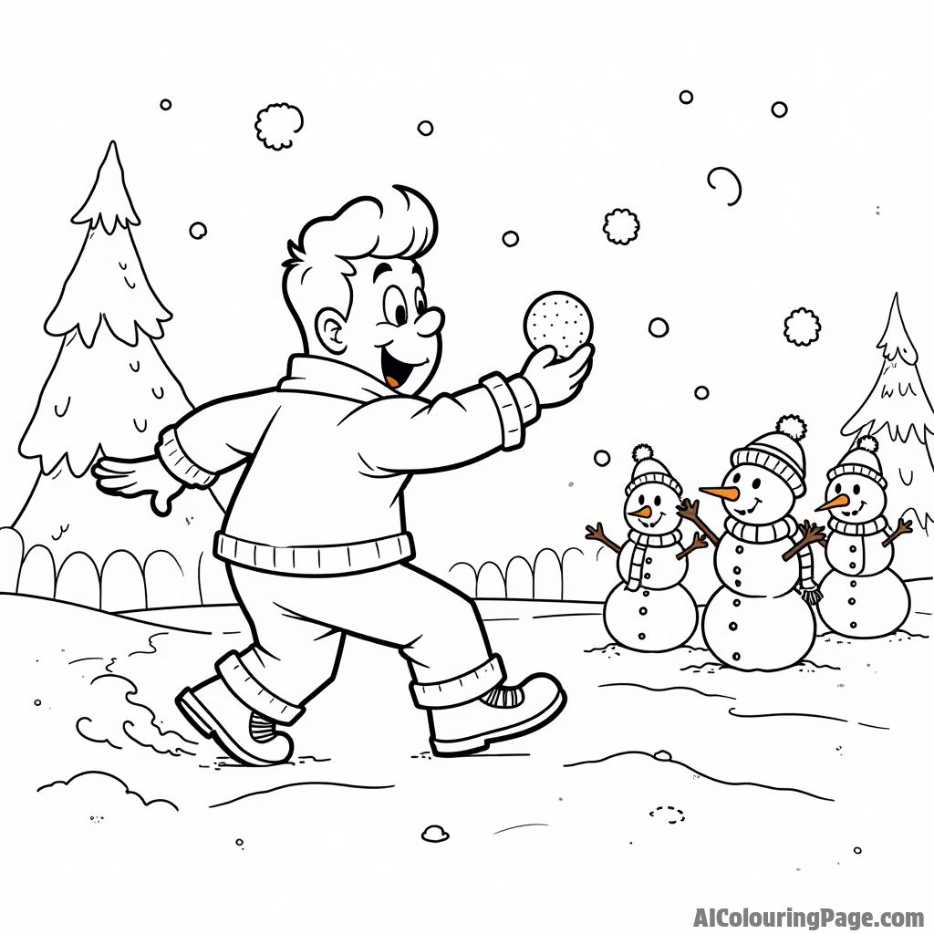 Johnny Bravo playing in a snowball fight with friends and snowmen