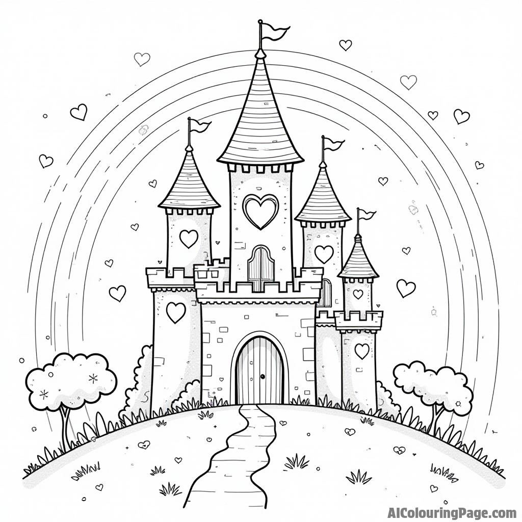 A magical castle with heart-shaped windows and a rainbow arching over it for a dreamy Valentine’s Day scene