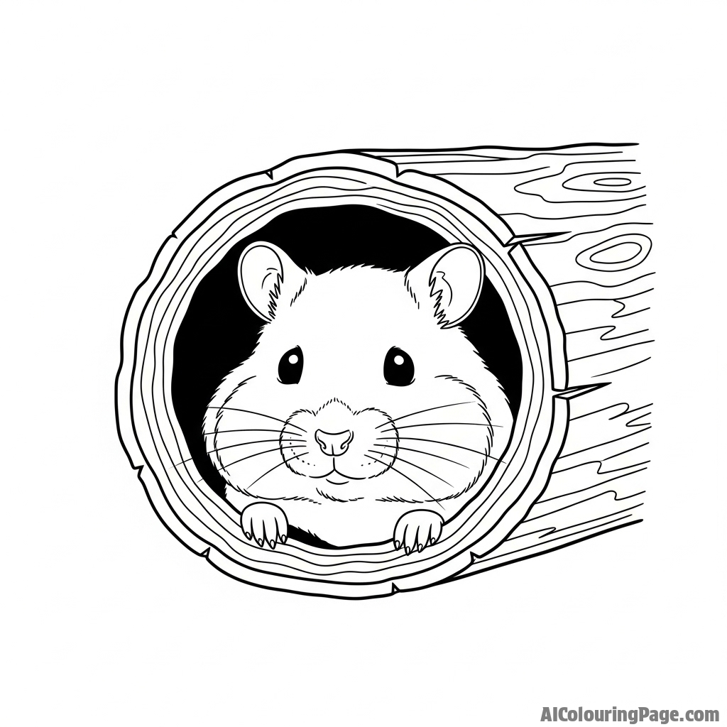 A hamster peeking out from inside a hollowed-out log