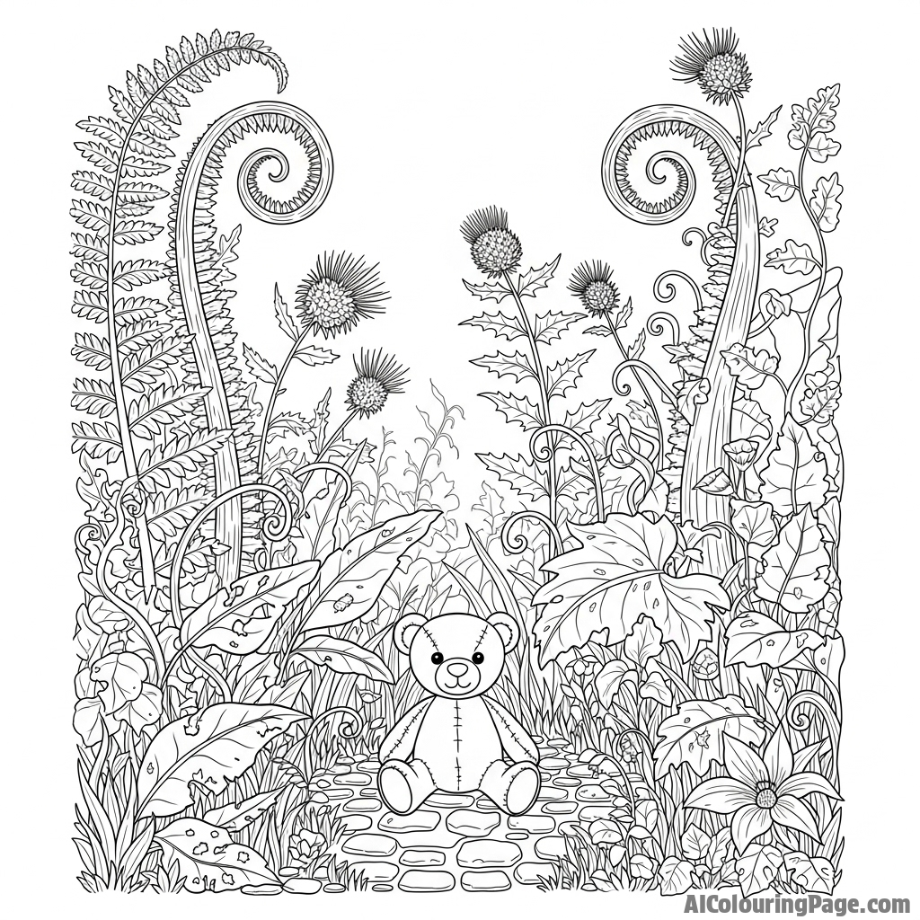 A tiny teddy bear lost in a vast, overgrown garden.